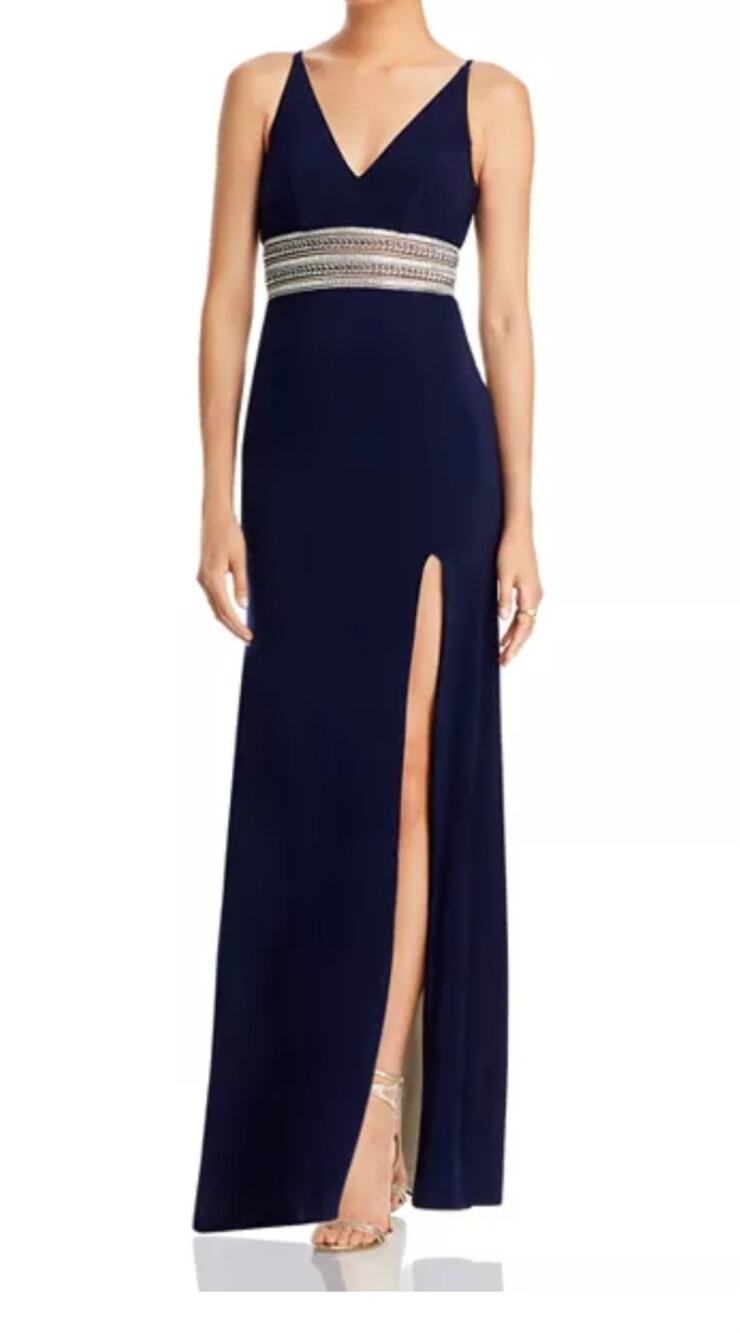 AQUA Embellished-Waist Gown: Deep V-Neck Beaded Metallic Band Front Slit Dress